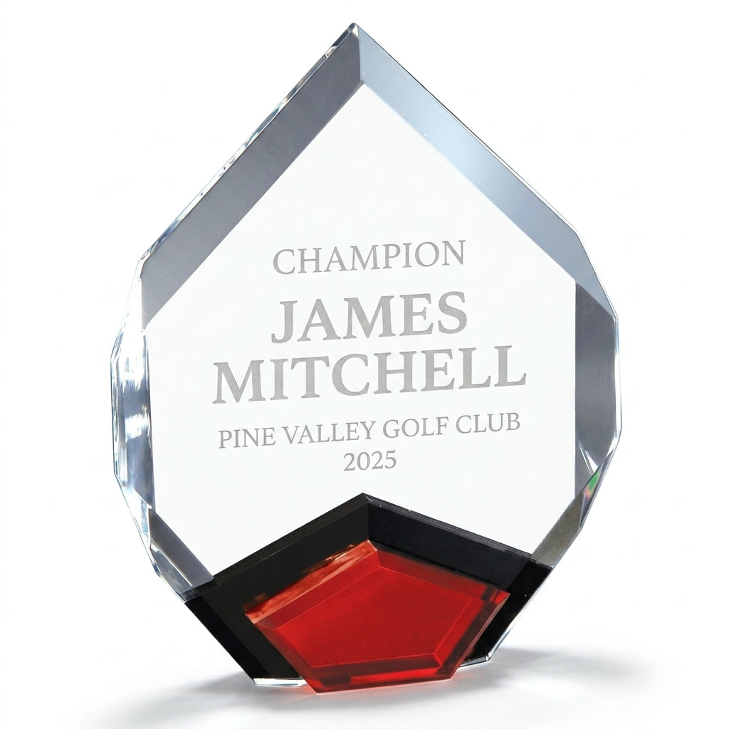 Multiple personalized Golf Award awards displayed together for a banquet or team order, each custom engraved in optical crystal — featuring Golf club championship trophies, a popular choice for Individual golfers for Coach appreciation events