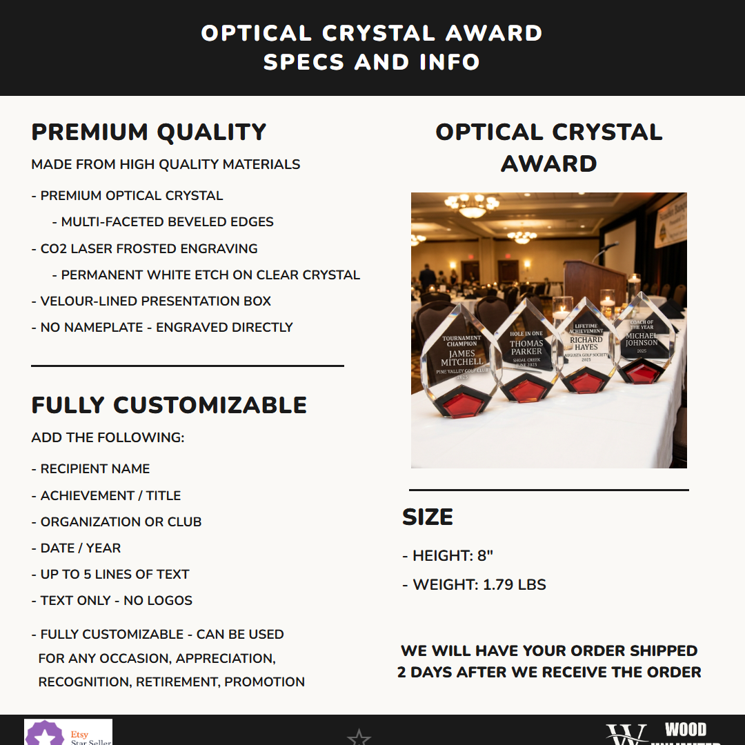 Golf Award award size, optical crystal material, and personalization specification chart for custom engraving orders — featuring Retirement gift for golfer engraved, a popular choice for Retirement committees for Retirement parties