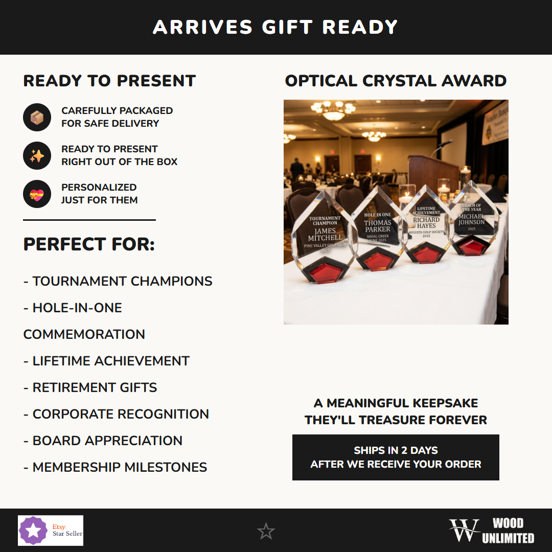 Gift-ready presentation of a personalized Golf Award award in optical crystal, ready to ship for recognition gifting — featuring Lifetime achievement golf award crystal, a popular choice for HR departments for Corporate golf events