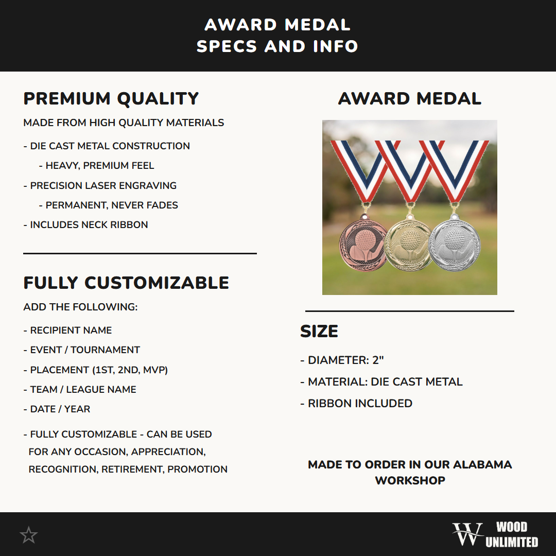 Personalized Golf Medals with Neck Ribbon - Gold Silver Bronze - Custom Engraved