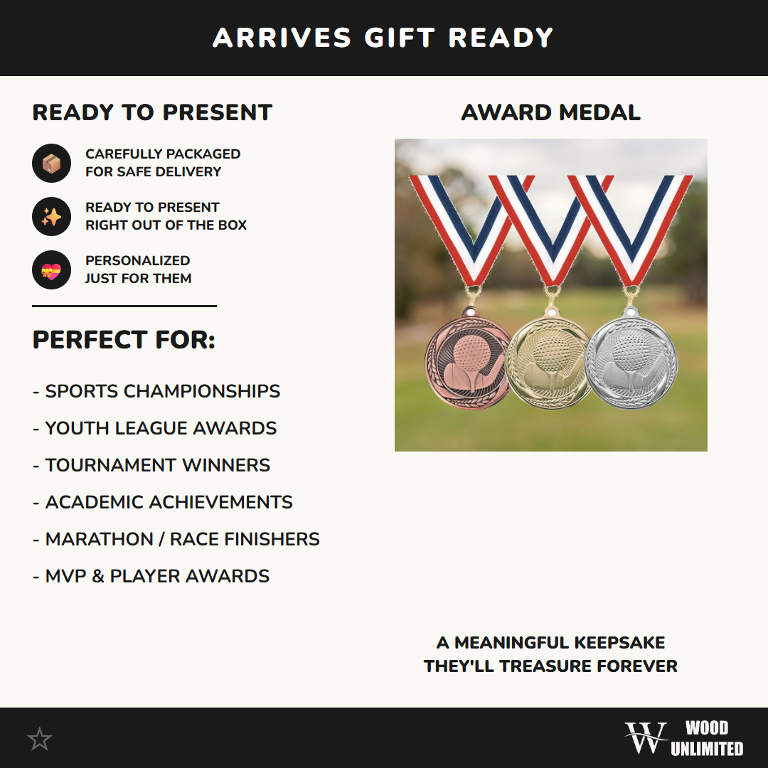 Personalized Golf Medals with Neck Ribbon - Gold Silver Bronze - Custom Engraved