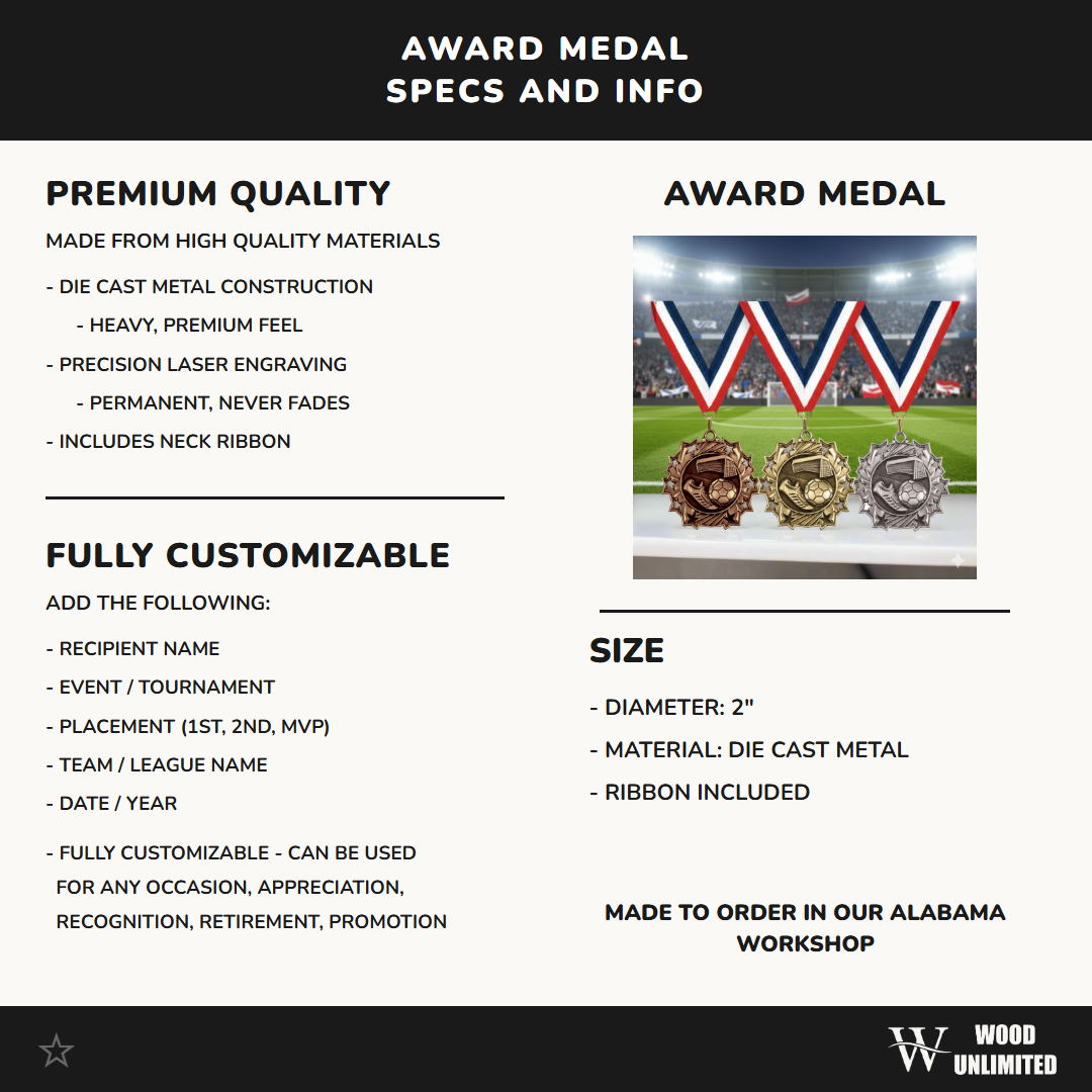 Personalized Soccer Team Medals, Soccer Player Medallions with Neck Ribbon, Soccer Player Awards for Players and Coaches