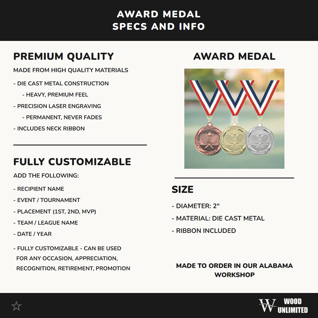 Personalized Tennis Medals with Neck Ribbon - Gold Silver Bronze - Custom Engraved