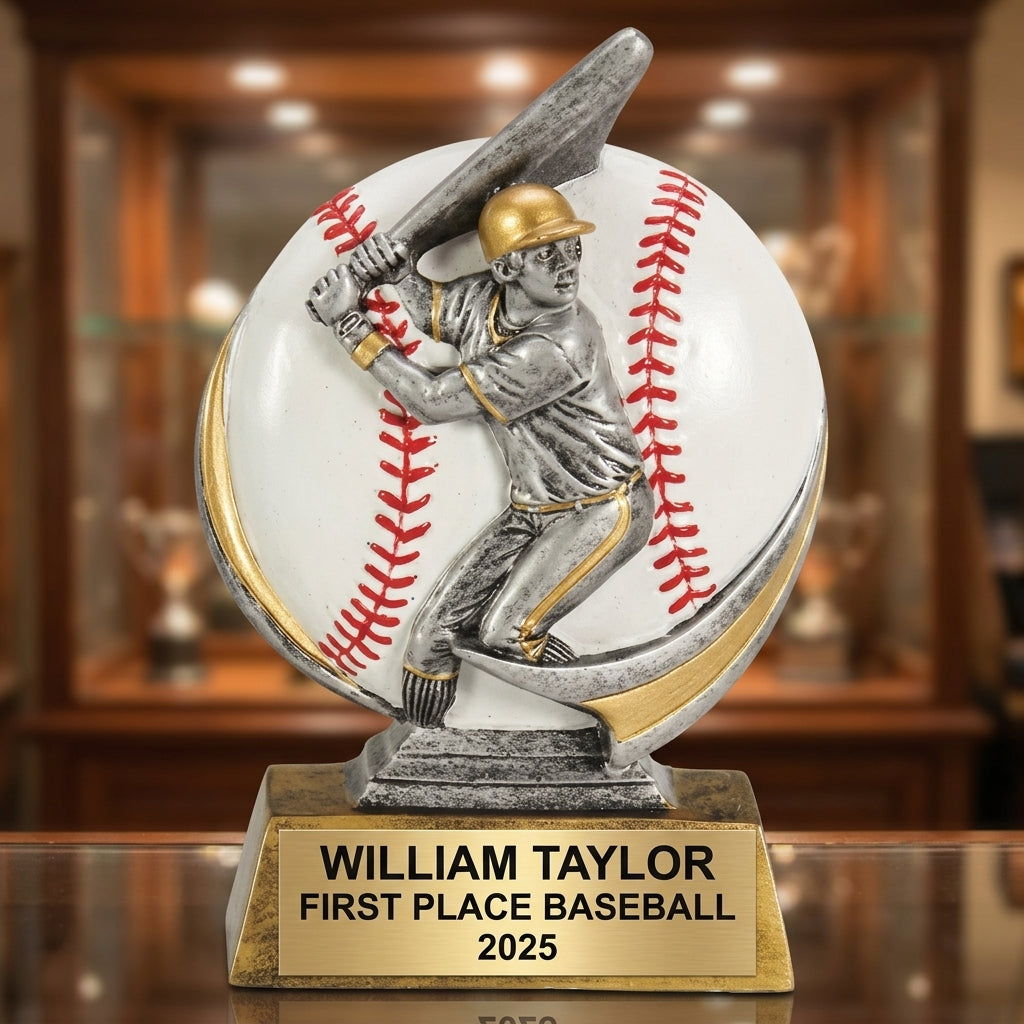 Personalized 6-inch baseball trophy with custom laser-engraved gold nameplate on weighted base for awards and recognition