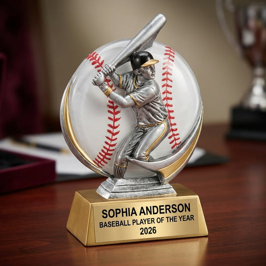 Baseball trophy specifications showing 6-inch height, gold finish, resin construction, and personalization options