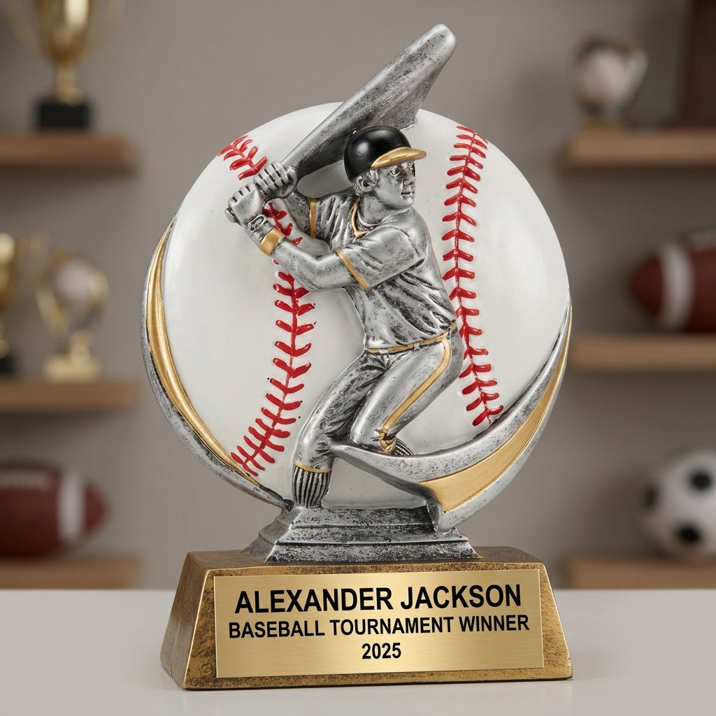 Baseball trophy banquet display with multiple personalized awards featuring custom laser engraving