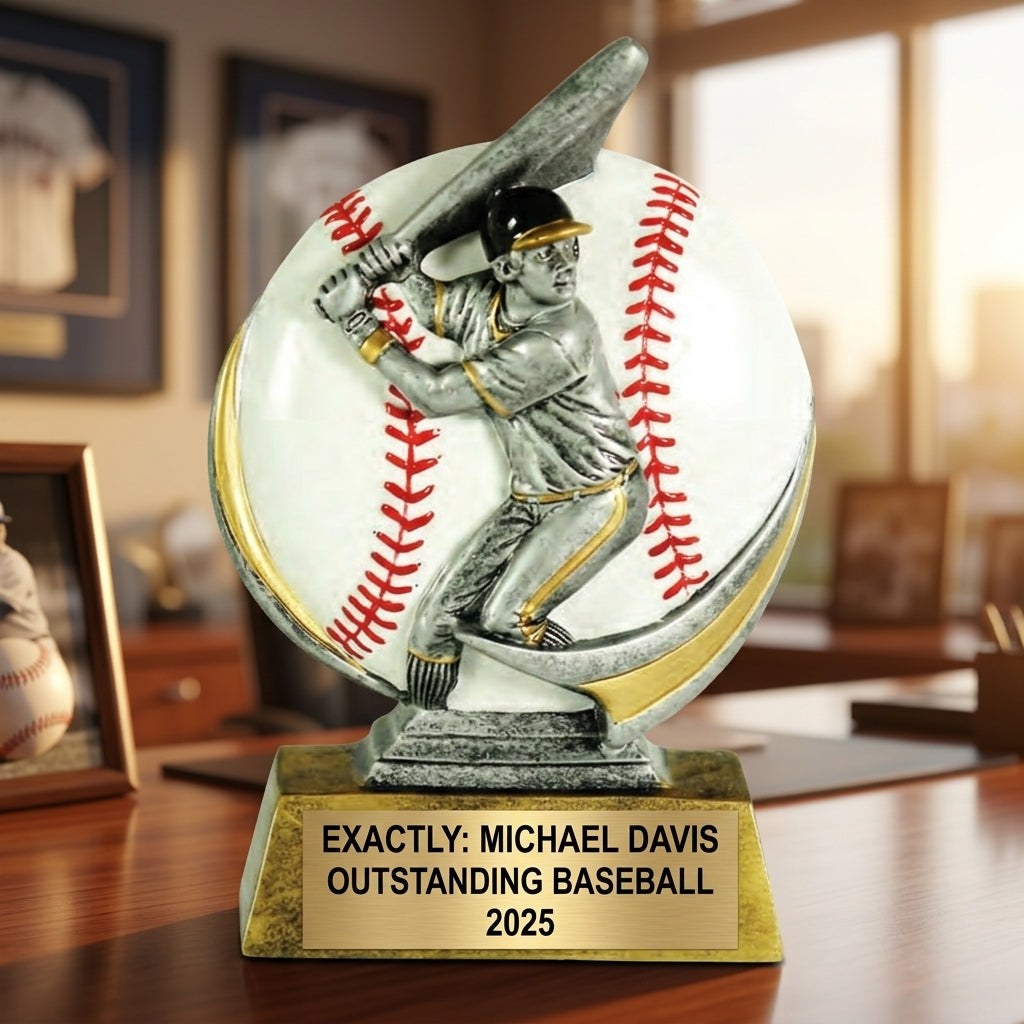 Close-up of laser-engraved gold nameplate on personalized baseball trophy showing custom name, achievement, and year