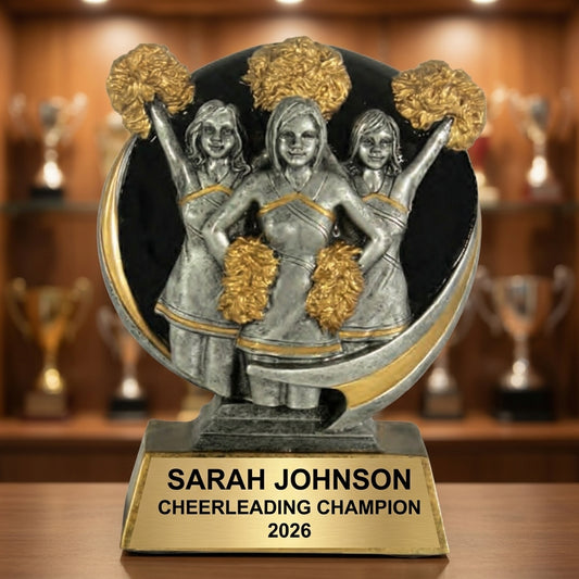Personalized 6-inch cheerleading trophy with custom laser-engraved gold nameplate on weighted base for awards and recognition