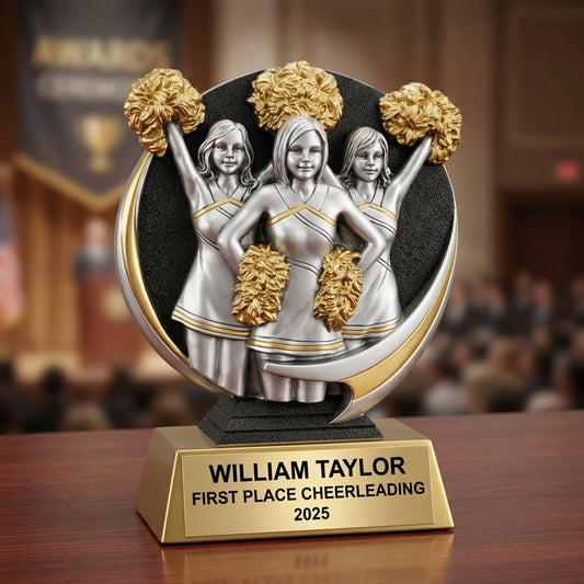 Cheerleading trophy specifications showing 6-inch height, gold finish, resin construction, and personalization options