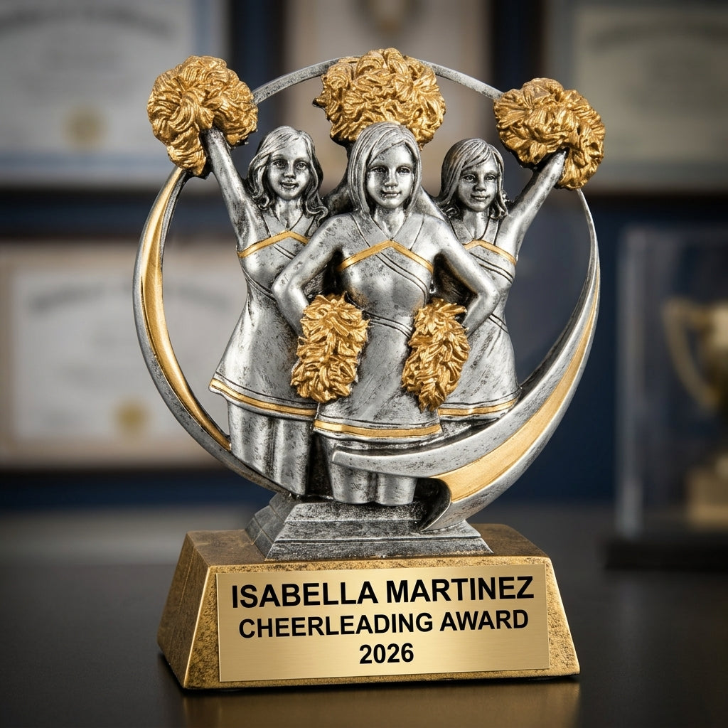 Cheerleading trophy banquet display with multiple personalized awards featuring custom laser engraving