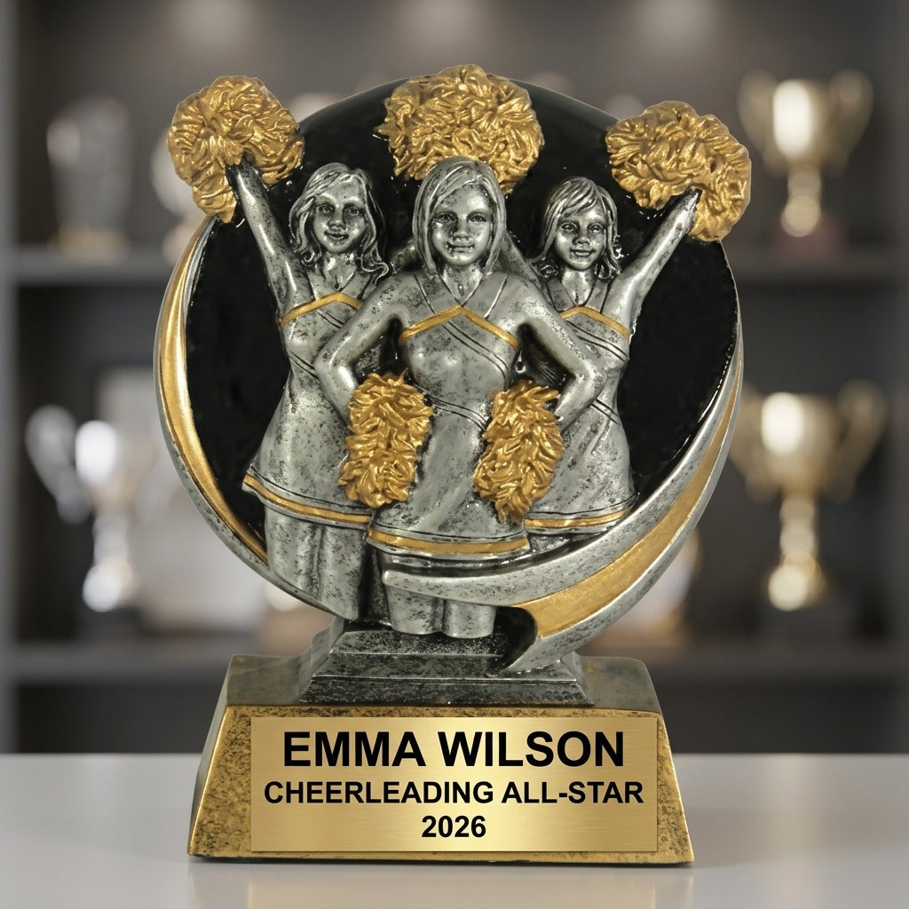 How to order a personalized cheerleading trophy in 3 easy steps with custom name, team, and year engraving