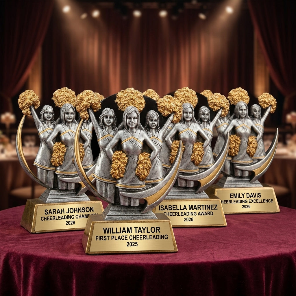 Customer reviews for Wood Unlimited personalized cheerleading trophies with 5-star ratings and trust badges