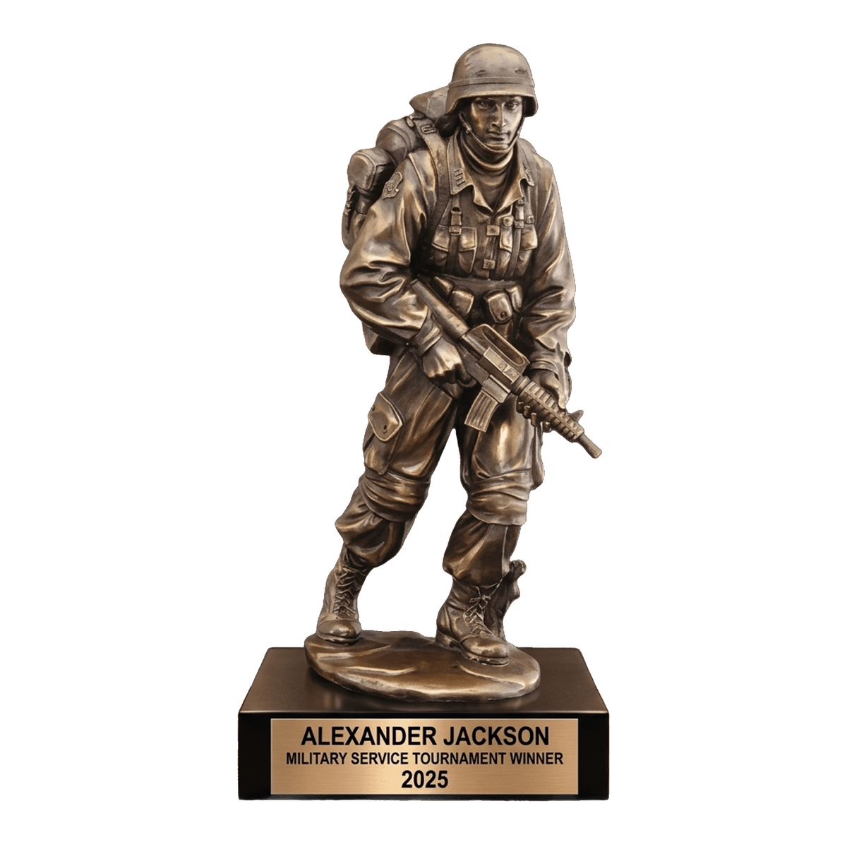 Personalized Military Award Trophy - Soldier Standing Patrol with Rifle - Custom Engraved Name Plate