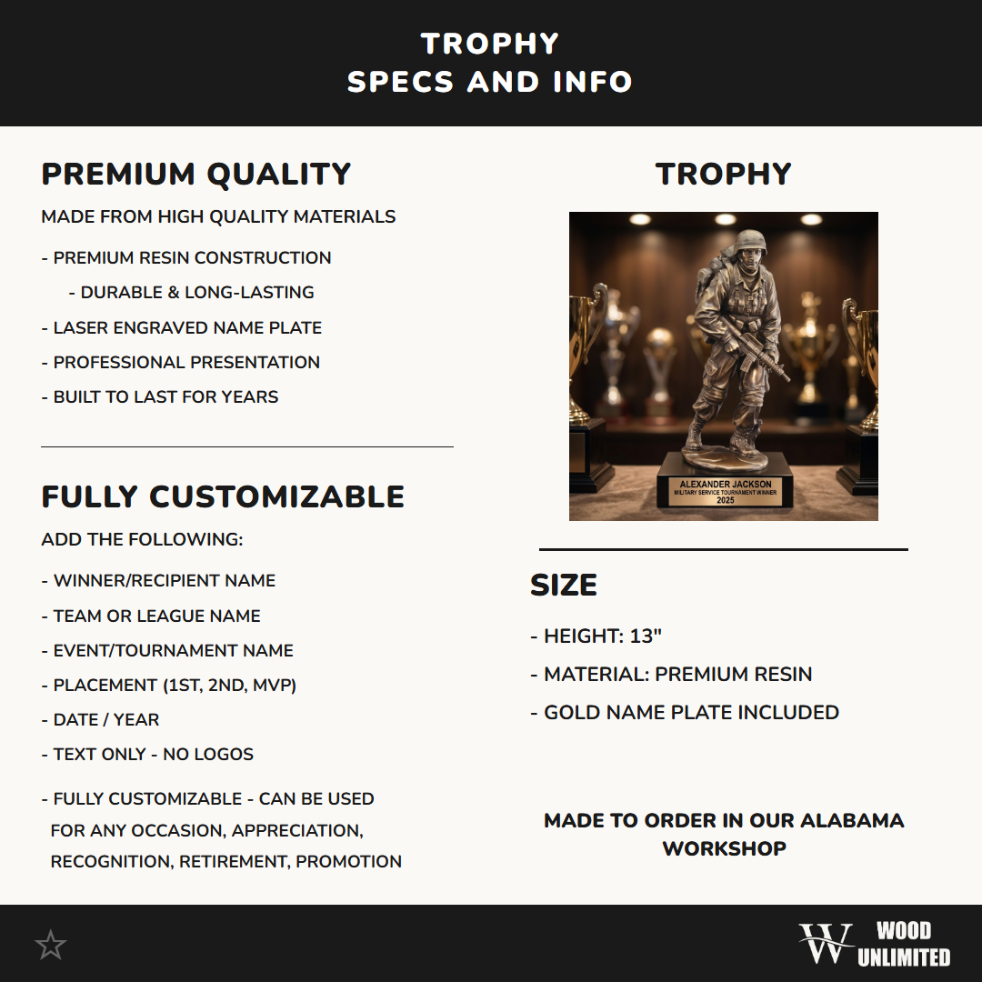 Personalized Military Award Trophy - Soldier Standing Patrol with Rifle - Custom Engraved Name Plate