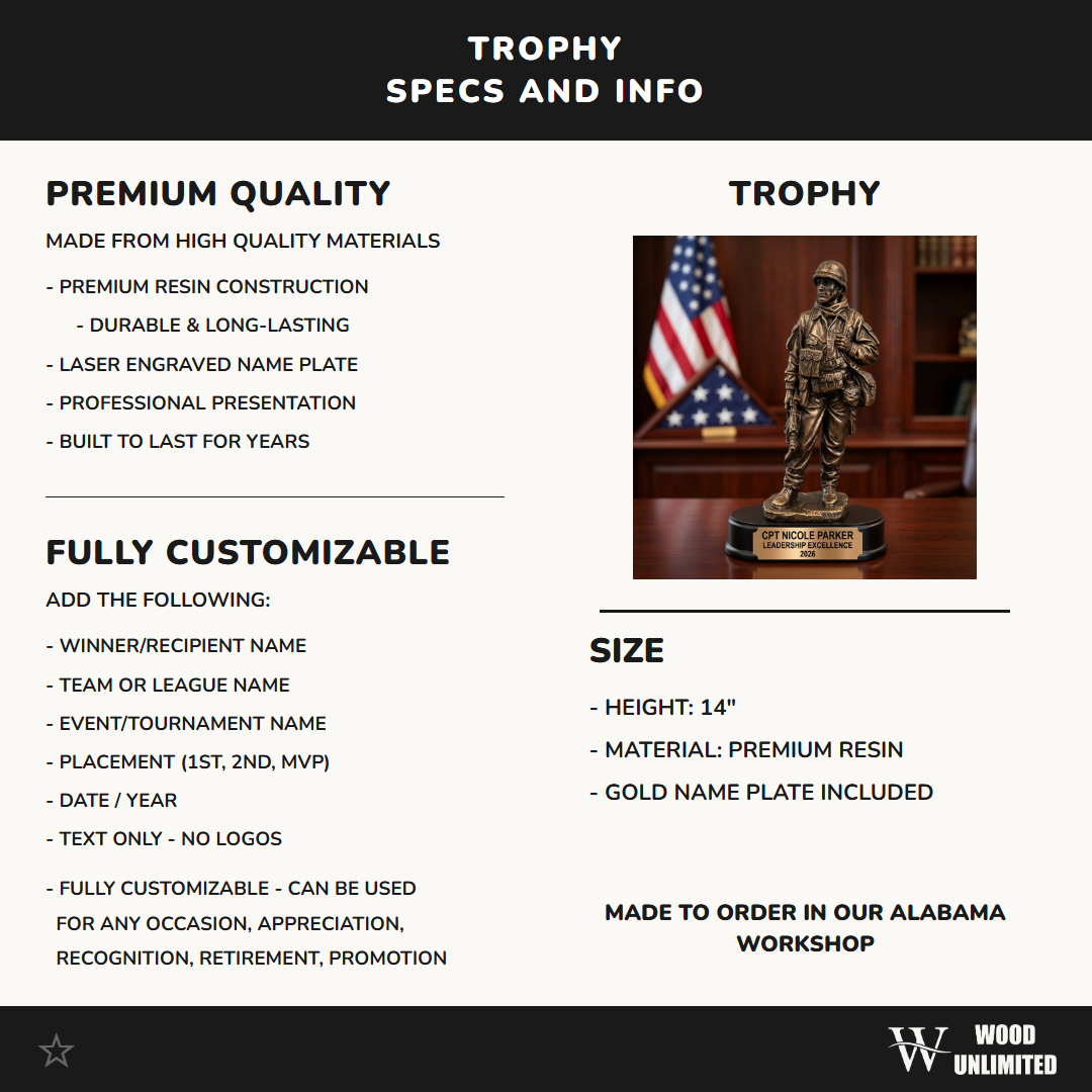 Military Award Trophy - Personalized Army Soldier Figure - Custom Engraved Name Plate - Wood Unlimited