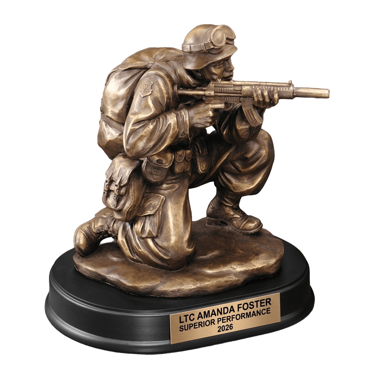 Military Award Trophy - Personalized Soldier Kneeling Rifle - Custom Engraved Name Plate - Service Award