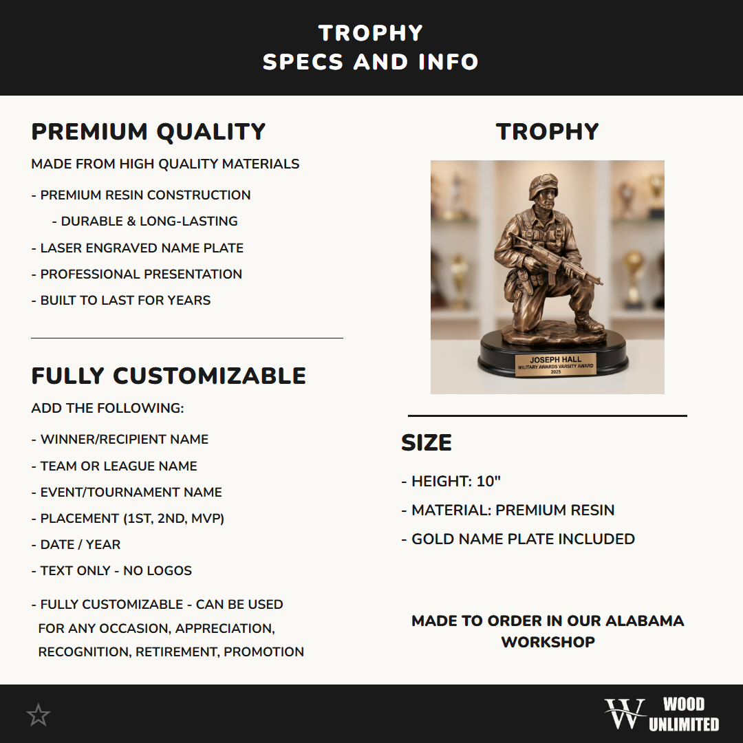 Military Award - Personalized Soldier Kneeling Rifle Trophy - Custom Engraved Service Award
