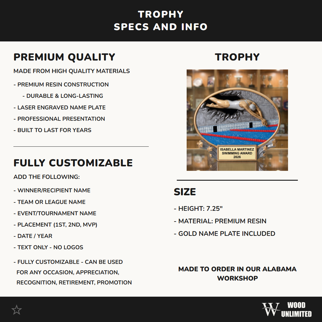 Swimming Award Trophy | Personalized | Custom Engraved | Swim Meet Champion | End of Season Gift | Wood Unlimited
