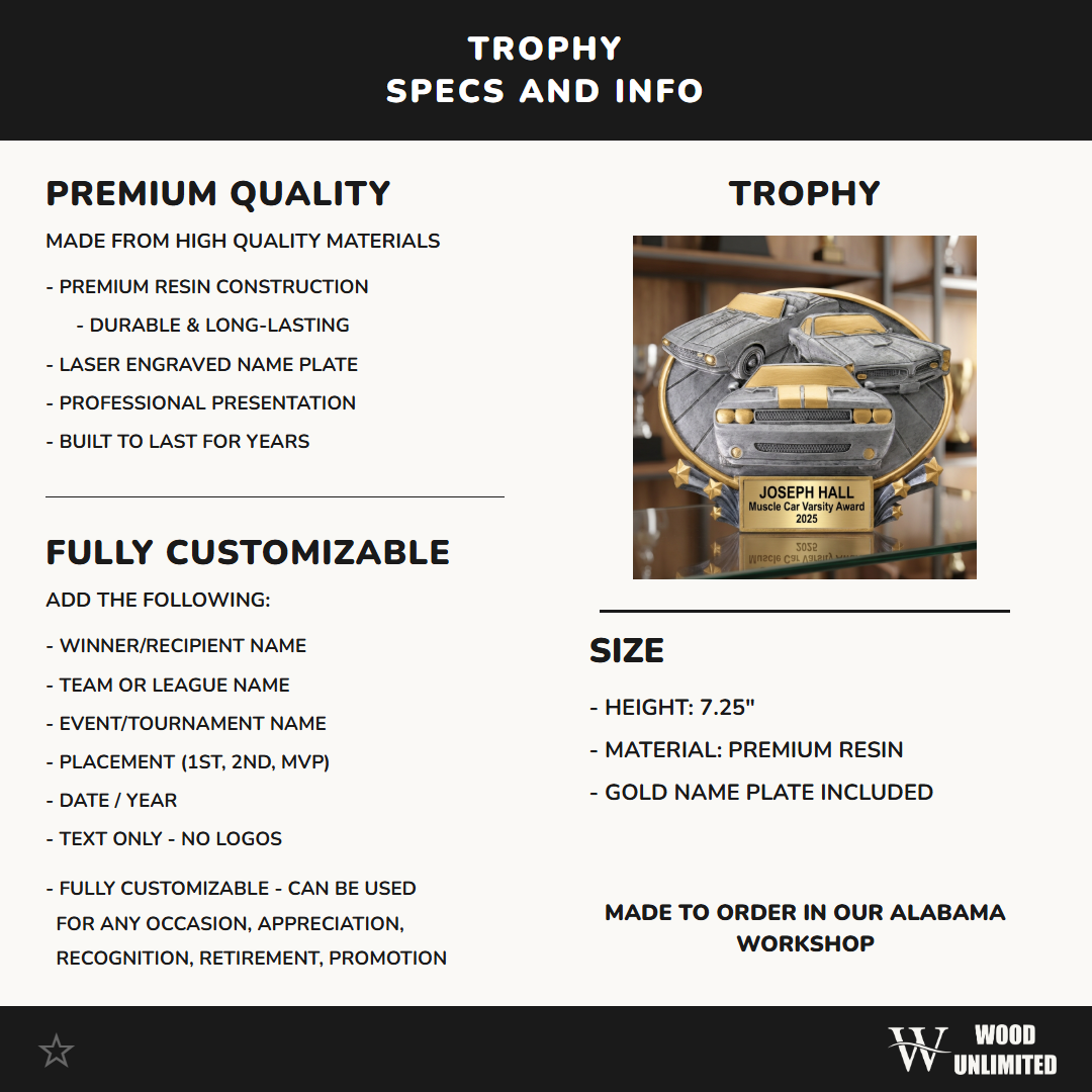 Car Show Award - Personalized Trophy - Custom Engraved Automotive Enthusiast Award