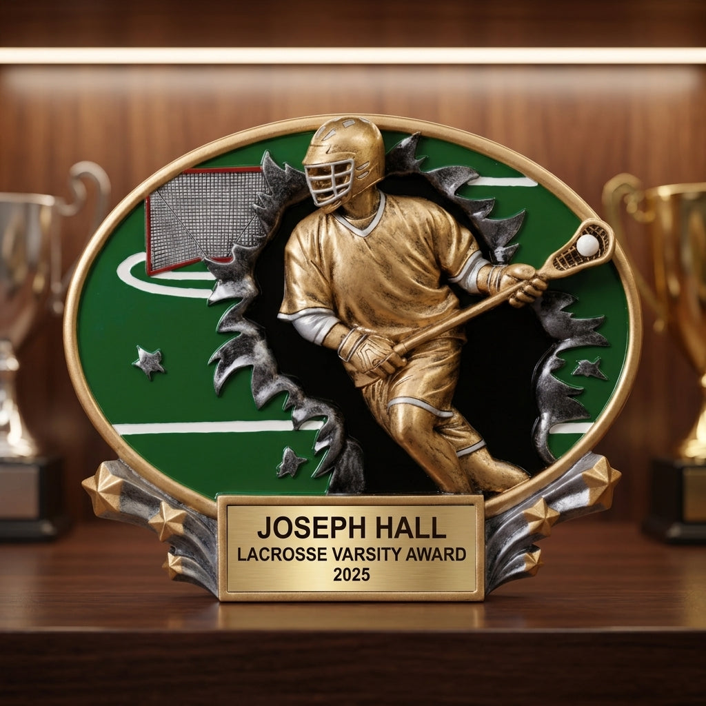 Lacrosse Trophy Award | Personalized | Custom Engraved | Lacrosse MVP | Gold Name Plate | Wood Unlimited - View 1