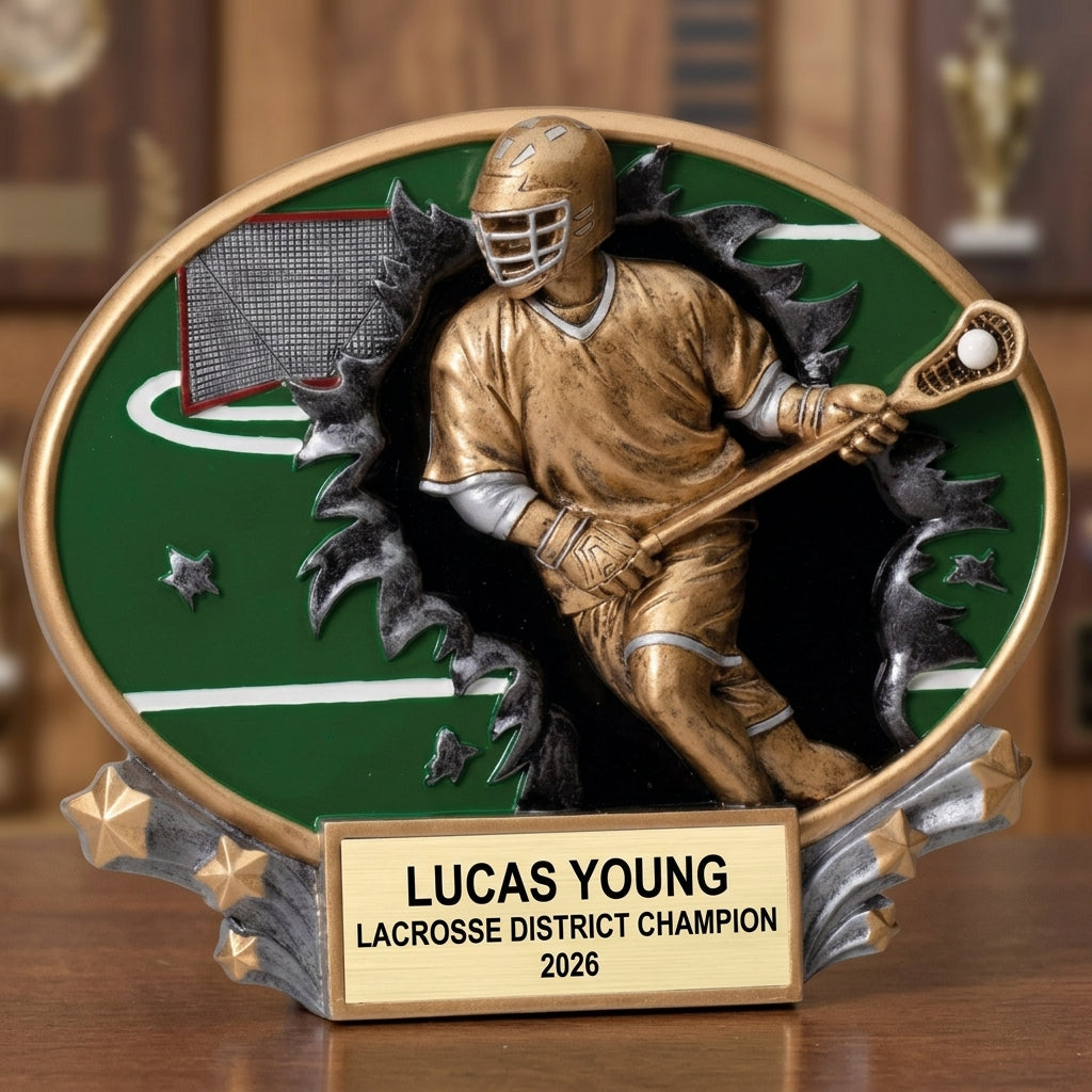 Lacrosse Trophy Award | Personalized | Custom Engraved | Lacrosse MVP | Gold Name Plate | Wood Unlimited - View 3