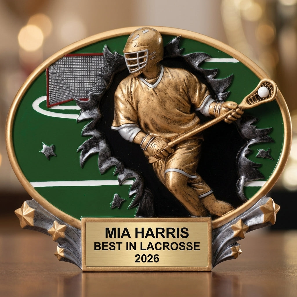 Lacrosse Trophy Award | Personalized | Custom Engraved | Lacrosse MVP | Gold Name Plate | Wood Unlimited - View 4