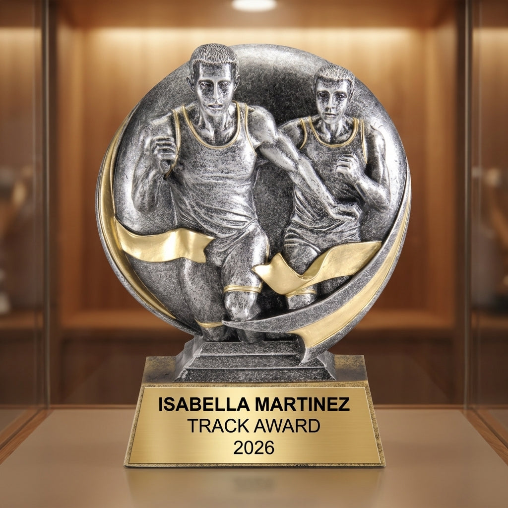 Track Trophy Award | Personalized | Custom Engraved | Track MVP | Gold Name Plate | Wood Unlimited - View 1