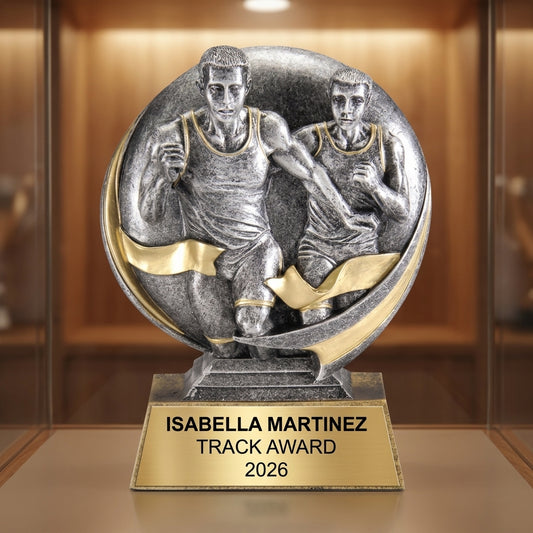 Track Trophy Award | Personalized | Custom Engraved | Track MVP | Gold Name Plate | Wood Unlimited - View 1