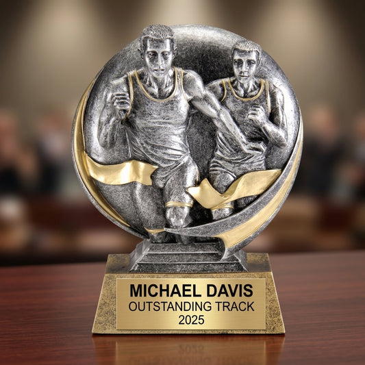 Track Trophy Award | Personalized | Custom Engraved | Track MVP | Gold Name Plate | Wood Unlimited - View 2