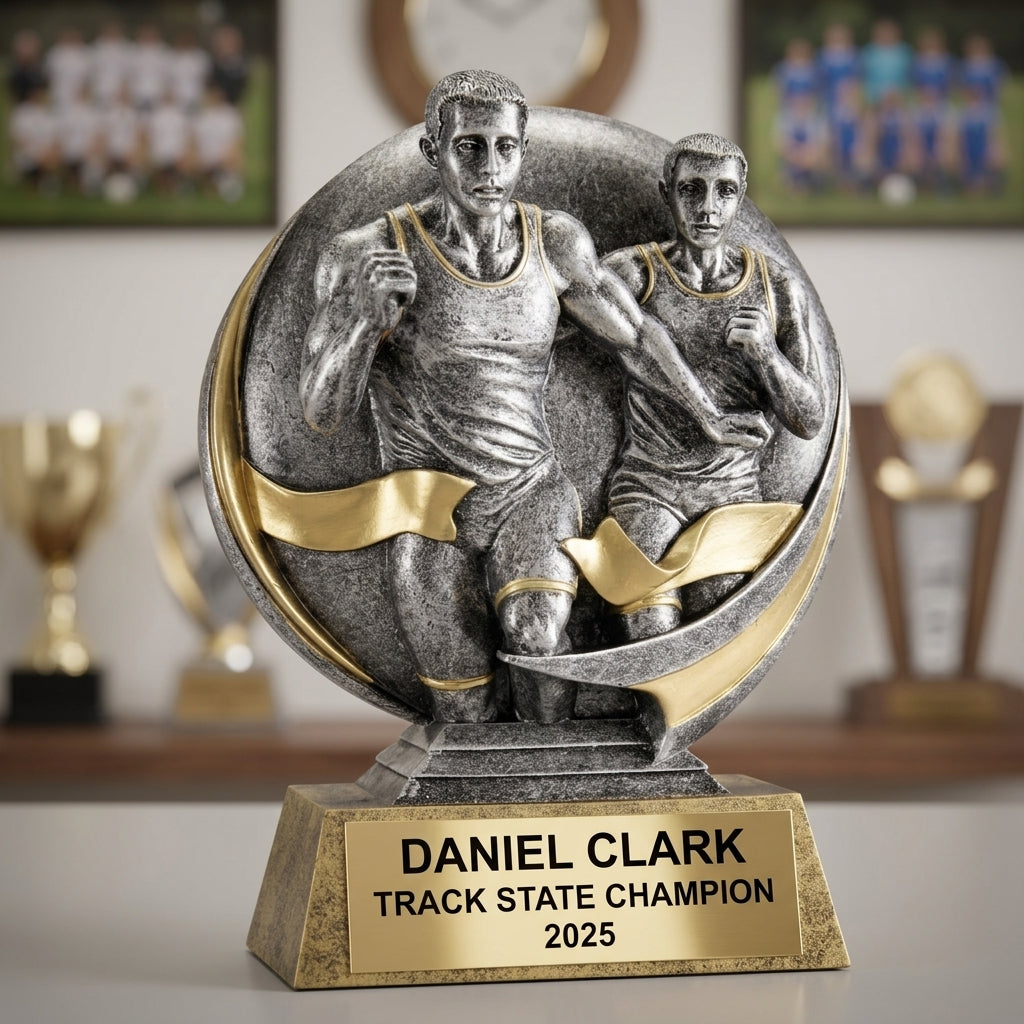 Track Trophy Award | Personalized | Custom Engraved | Track MVP | Gold Name Plate | Wood Unlimited - View 3