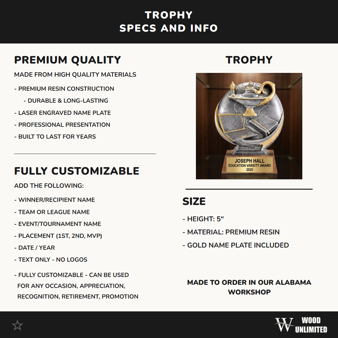 Academic Award - Personalized Scholar Trophy - Lamp of Knowledge - Custom Engraved Name Plate