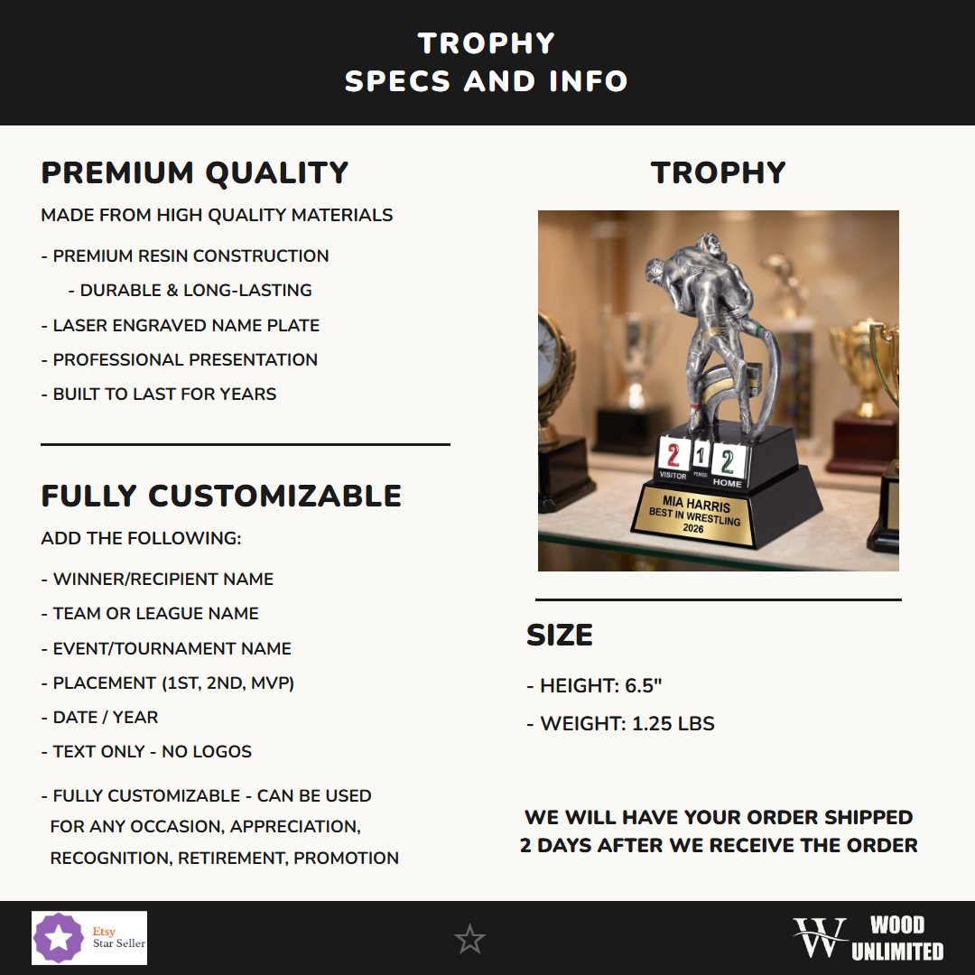 Wrestling Award Trophy | Personalized | Custom Engraved | Wrestling Gift | Champion Award | Wrestling Trophy | Wrestling
