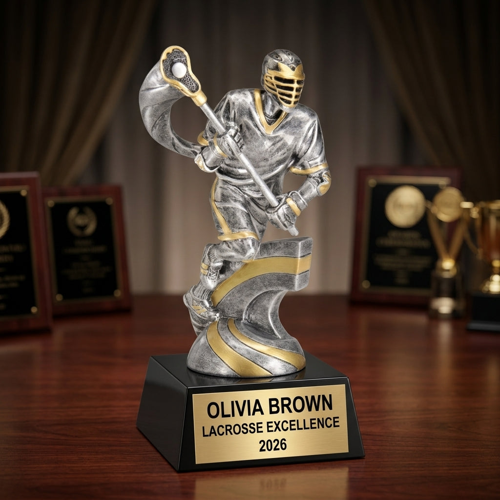 Lacrosse Trophy Award | Personalized | Custom Engraved | Lacrosse MVP | Gold Name Plate | Wood Unlimited - View 2