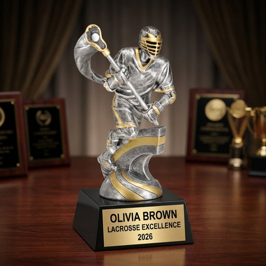 Lacrosse Trophy Award | Personalized | Custom Engraved | Lacrosse MVP | Gold Name Plate | Wood Unlimited - View 2