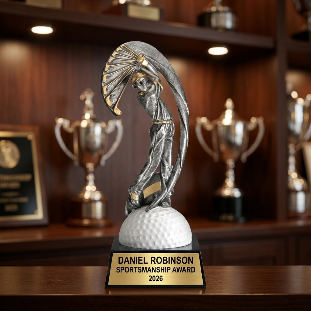 Golf Trophy Award | Personalized | Custom Engraved | Golf MVP | Gold Name Plate | Wood Unlimited - View 1