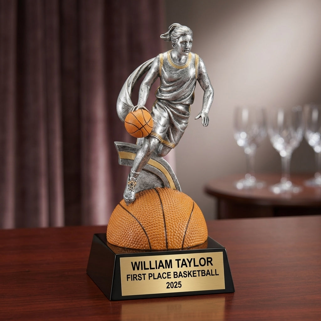 Basketball Trophy Award | Personalized | Custom Engraved | Basketball MVP | Gold Name Plate | Wood Unlimited - View 2