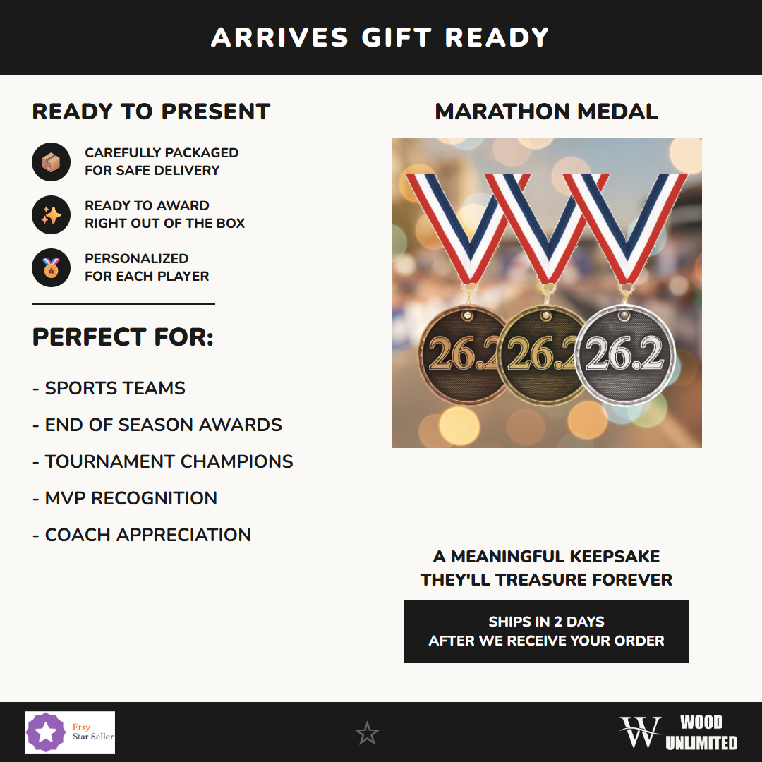 Personalized Marathon Medals with Neck Ribbon - Gold Silver Bronze - Custom Engraved
