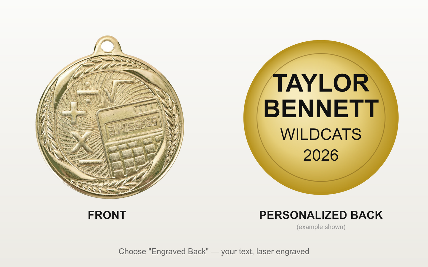 Personalized Math Medals with Neck Ribbon - Gold Silver Bronze - Custom Engraved