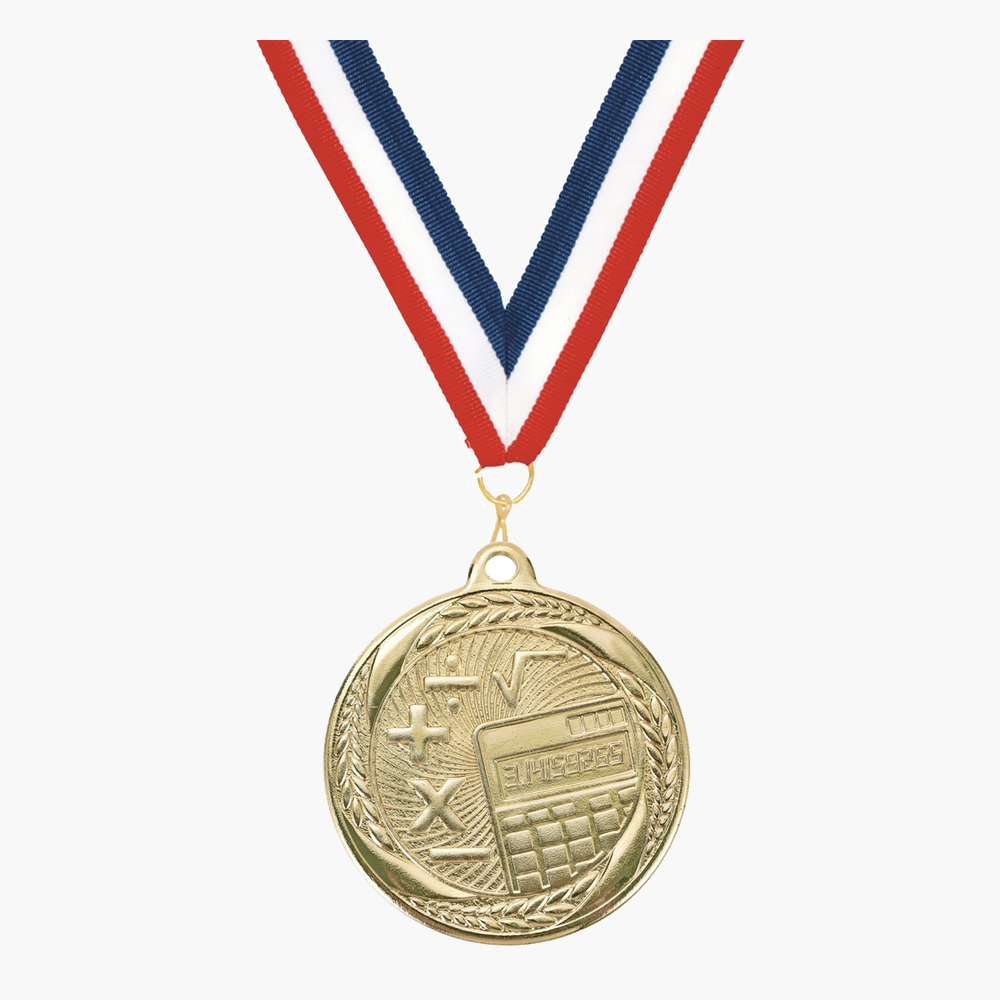 Personalized Math Medals with Neck Ribbon - Gold Silver Bronze - Custom Engraved