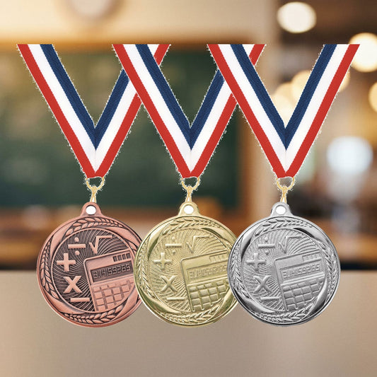 Personalized Math Medals with Neck Ribbon — personalized laser engraved medals from Wood Unlimited, made to order in Alabama