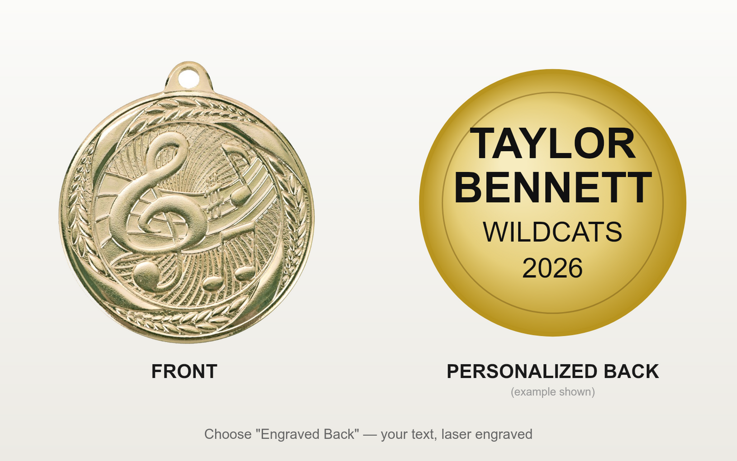 Personalized Music Medals with Neck Ribbon - Gold Silver Bronze - Custom Engraved