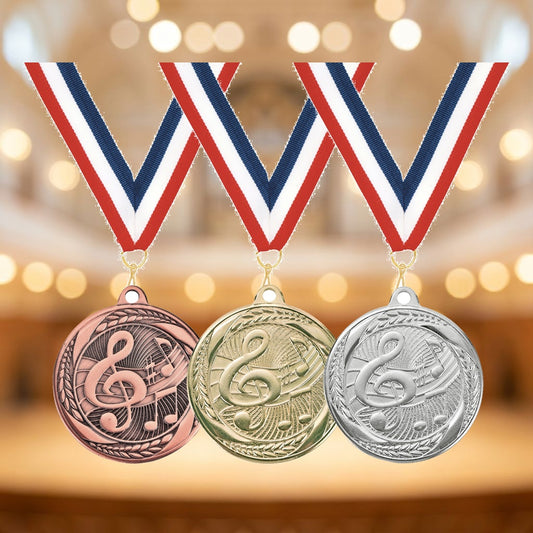 Personalized Music Medals with Neck Ribbon — personalized laser engraved medals from Wood Unlimited, made to order in Alabama