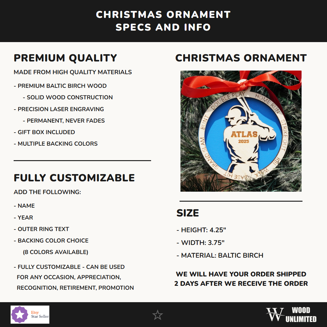 Personalized Baseball Christmas Ornament Gift for Baseball Player, Baseball Player Gift, Christmas Gift for Baseball Playe...