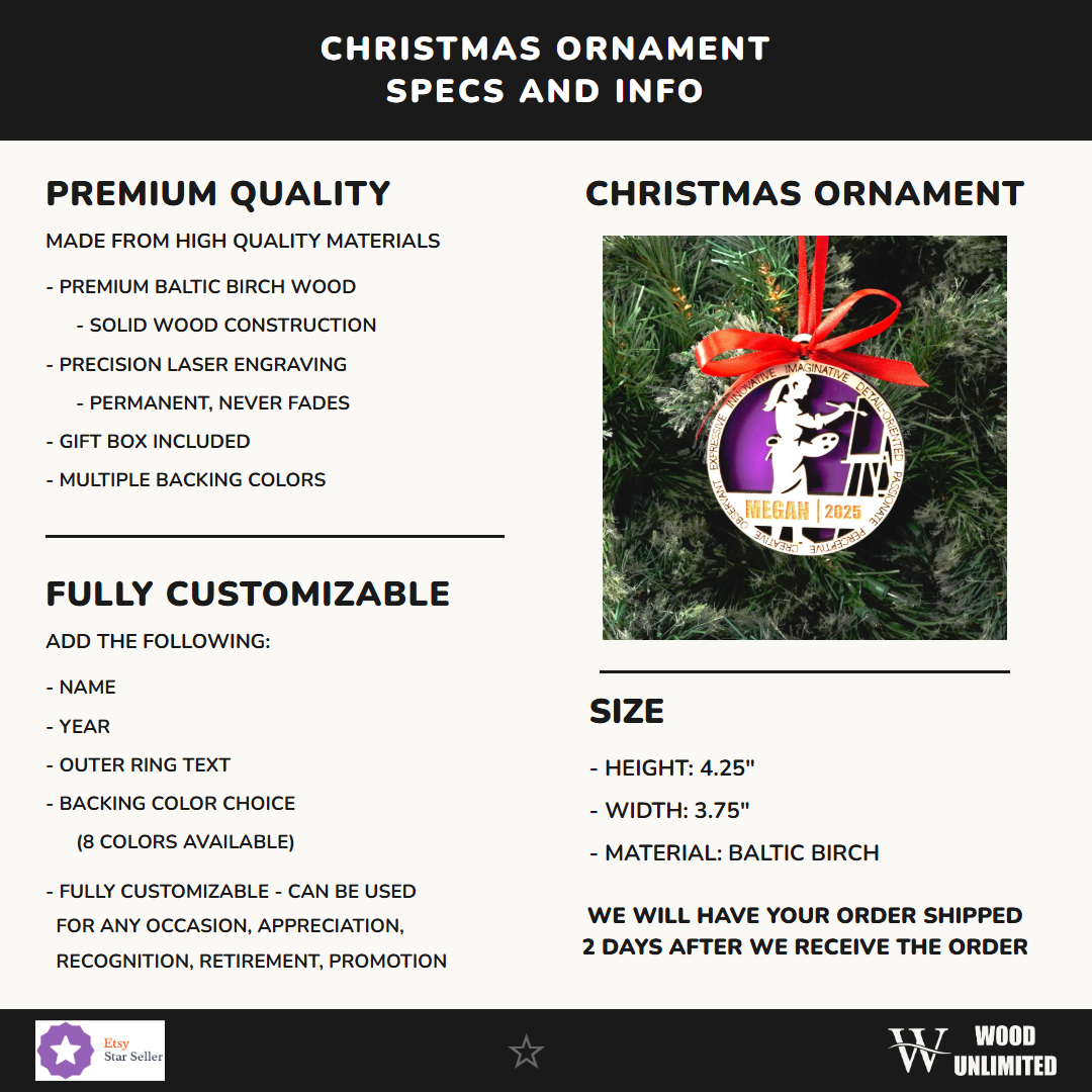 Personalized Artist Christmas Ornament – Gift for Female Artist or Painter, Designer - Image 8 of 11