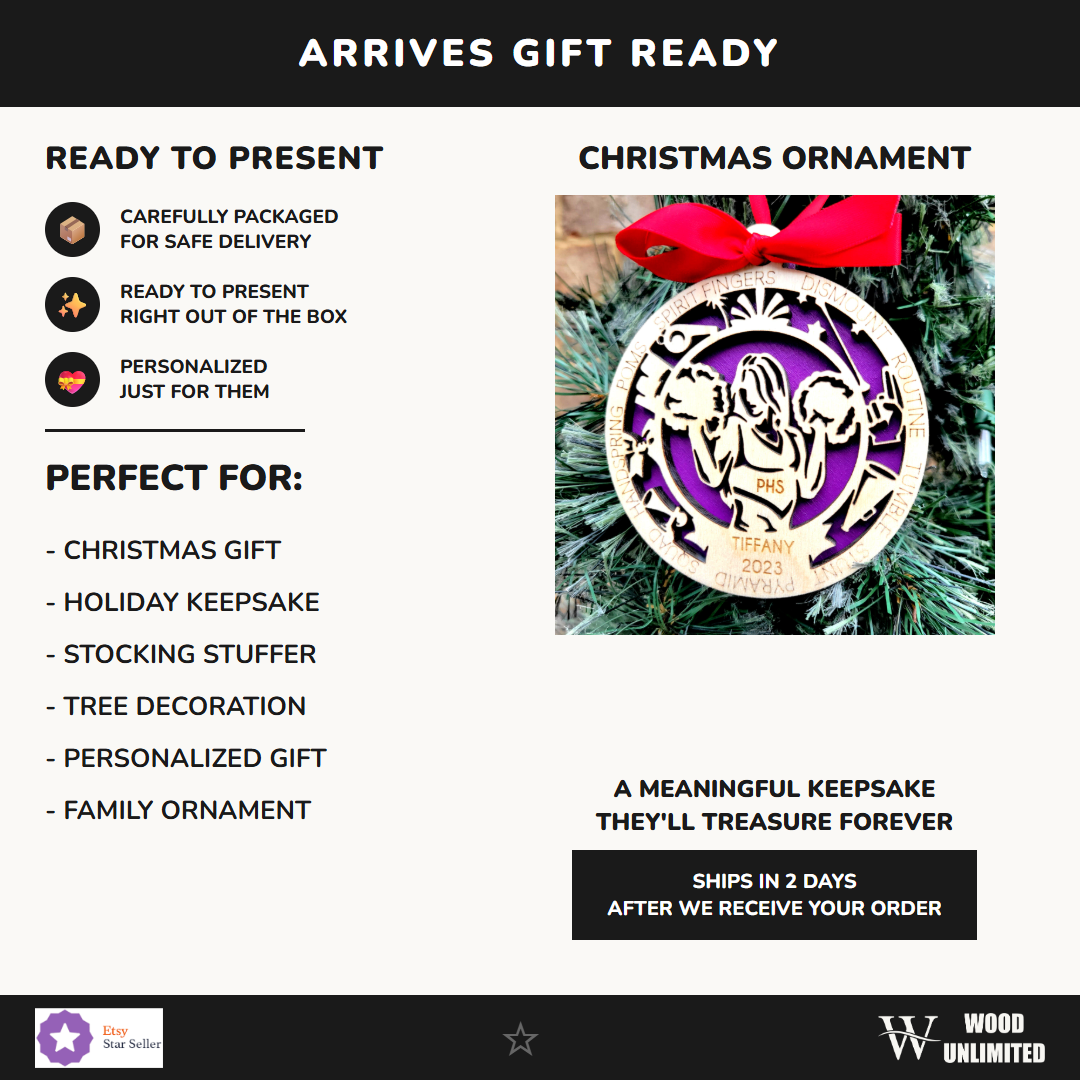 Personalized Cheerleader Christmas Ornament Gift – Custom Engraved Cheerleading Ornament for Cheer Team, Cheer Squad, or Cheer Coach