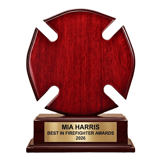 Personalized Firefighter Awards award, custom laser engraved on a rosewood plate for the recipient's name — featuring personalized firefighter retirement plaque, a popular choice for Fire Departments for Promotion Ceremonies