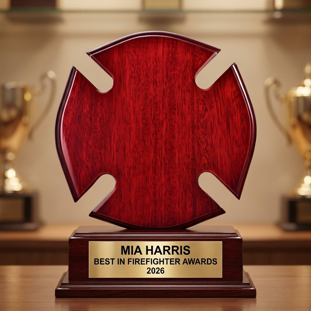 Front view of a personalized Firefighter Awards award in rosewood, custom engraved with the recipient's name and achievement — featuring custom engraved maltese cross award, a popular choice for Firefighter Associations for Annual Recognition Banquets