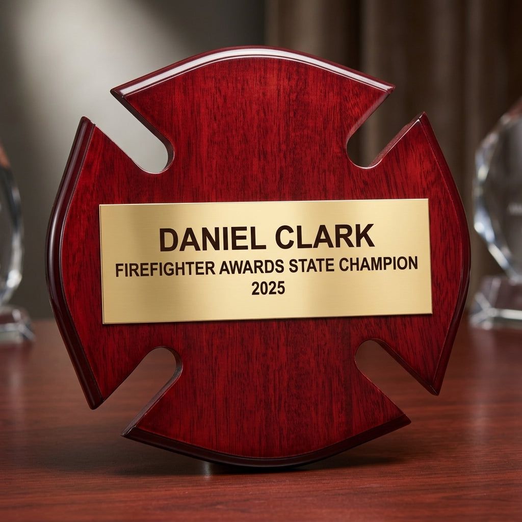 Personalized Firefighter Awards award angled view showing the rosewood finish and custom engraving detail — featuring rosewood fire academy graduation gift, a popular choice for Emergency Services Organizations for Service Anniversaries