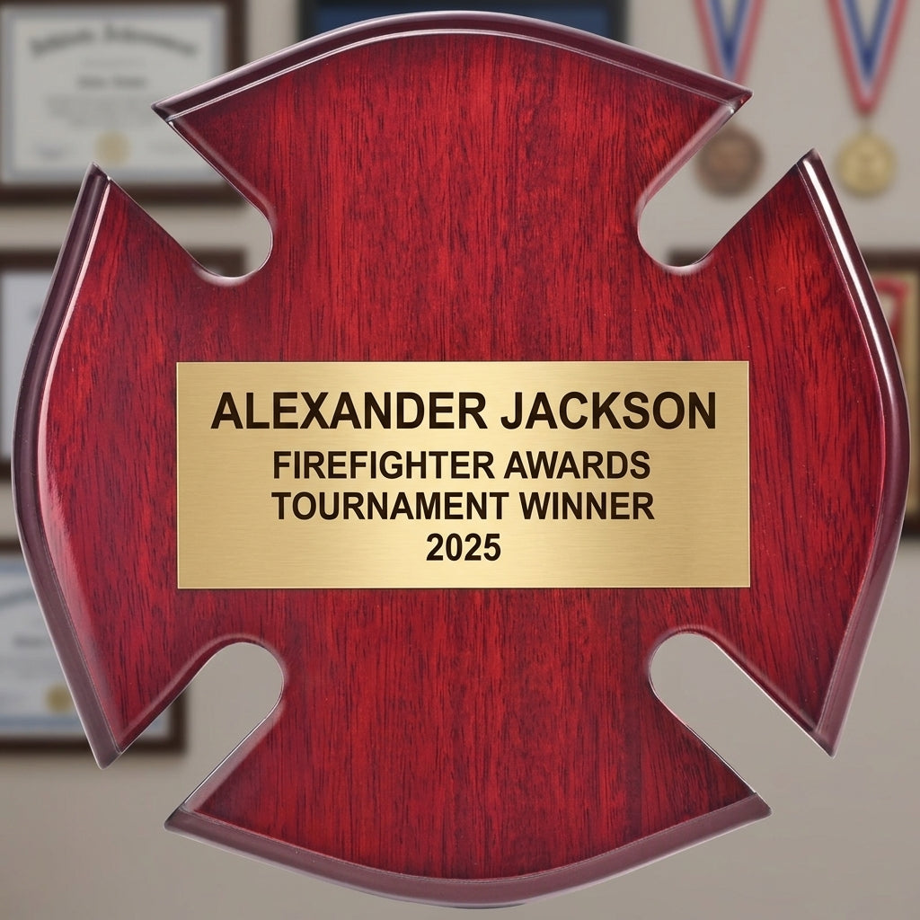 Close-up of the custom engraved name plate on a personalized Firefighter Awards award (rosewood) — featuring firefighter service award for engraving, a popular choice for Award Shops for Valor Awards