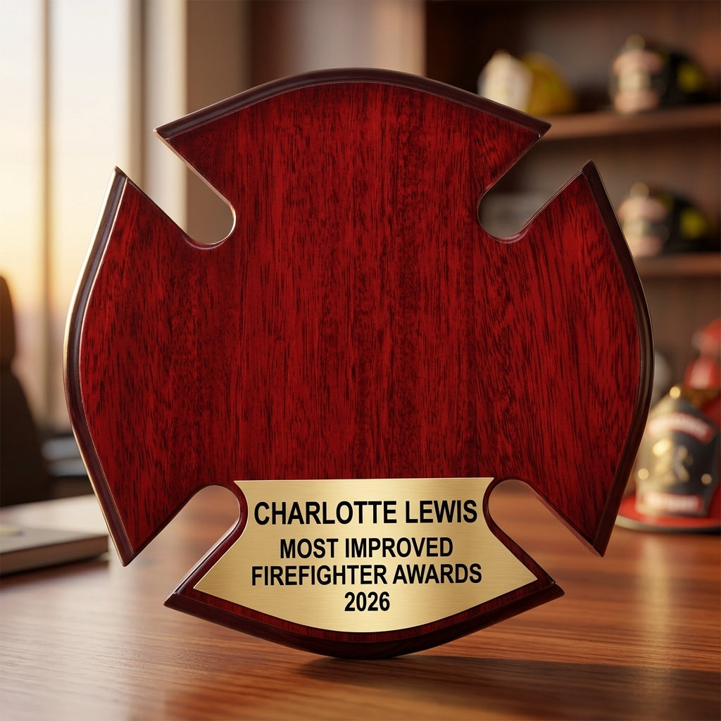 Personalized Firefighter Awards award additional detail view, this is a 10x10 inch rosewood plaque shaped like a Maltese cross, ideal for personalized engraving to honor firefighters and emergency service personnel, engraved in rosewood — featuring first responder appreciation award, a popular choice for Families of Firefighters for Fire Academy Graduations